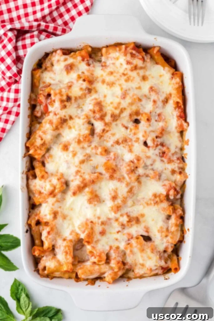 Cheesy Meatless Ziti Bake 16 Vegetarian baked ziti with a golden-brown, bubbly mozzarella top, fresh from the oven