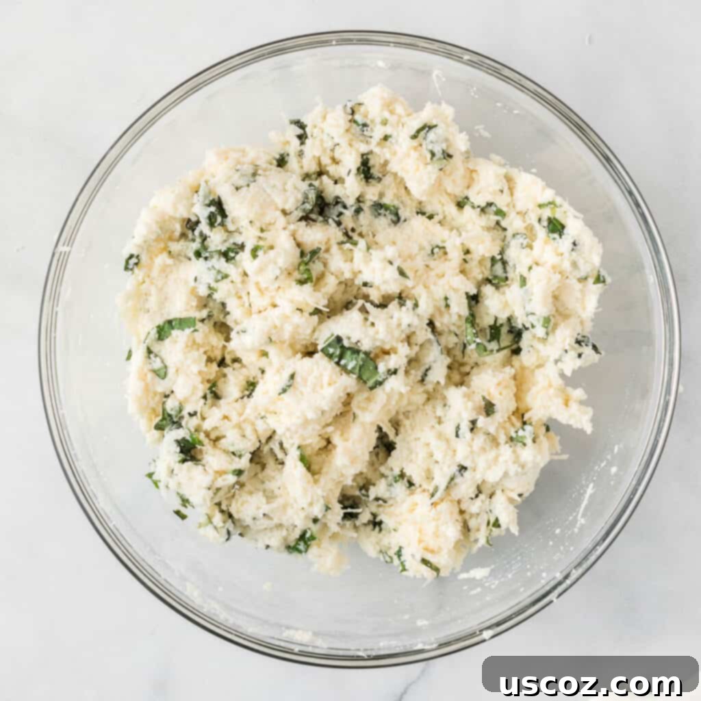 Cheesy Meatless Ziti Bake 10 Ricotta mixture with basil and parmesan thoroughly combined in a bowl