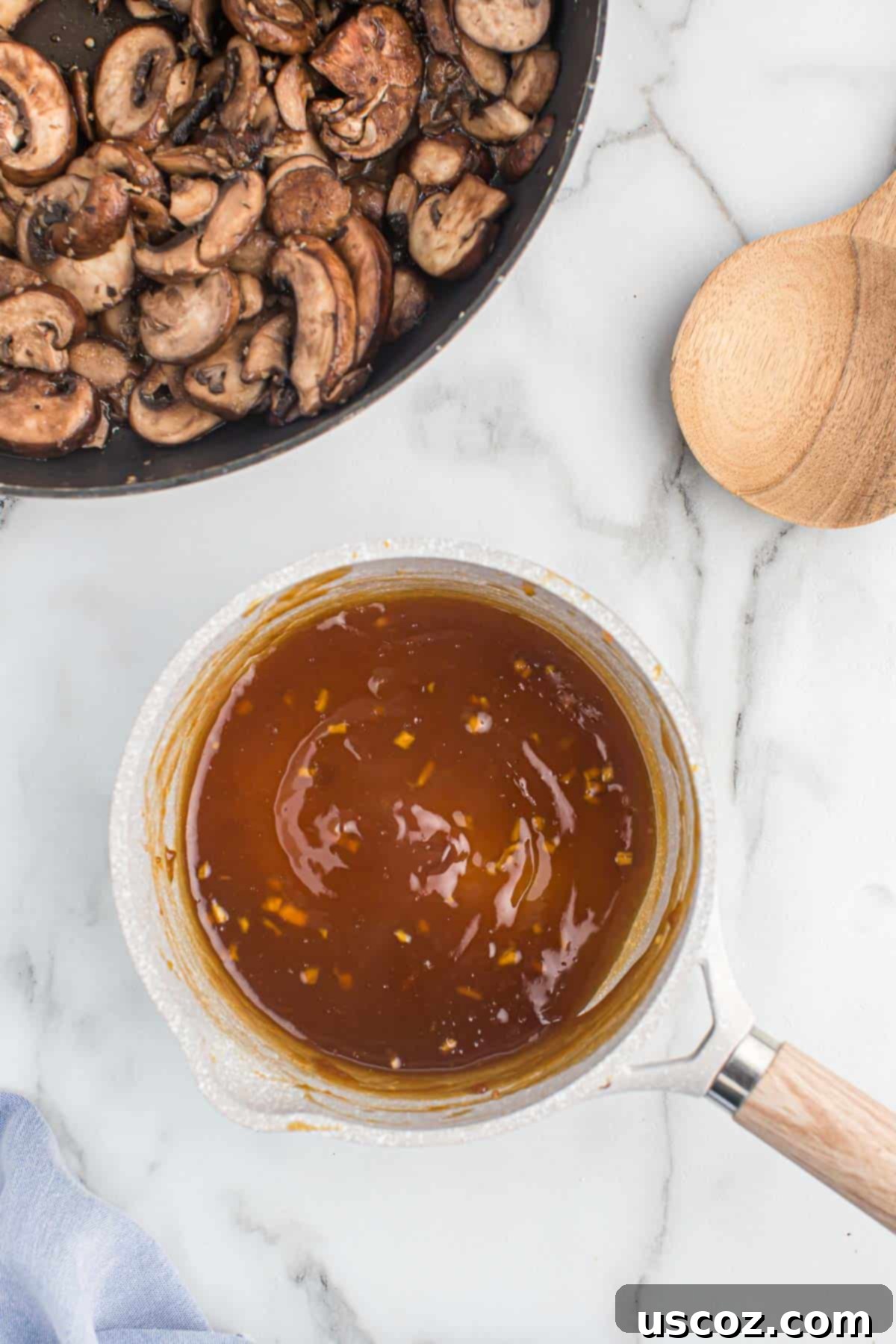 Glazed Teriyaki Mushrooms 6 Homemade teriyaki sauce simmering in a saucepan, thickened to perfection.