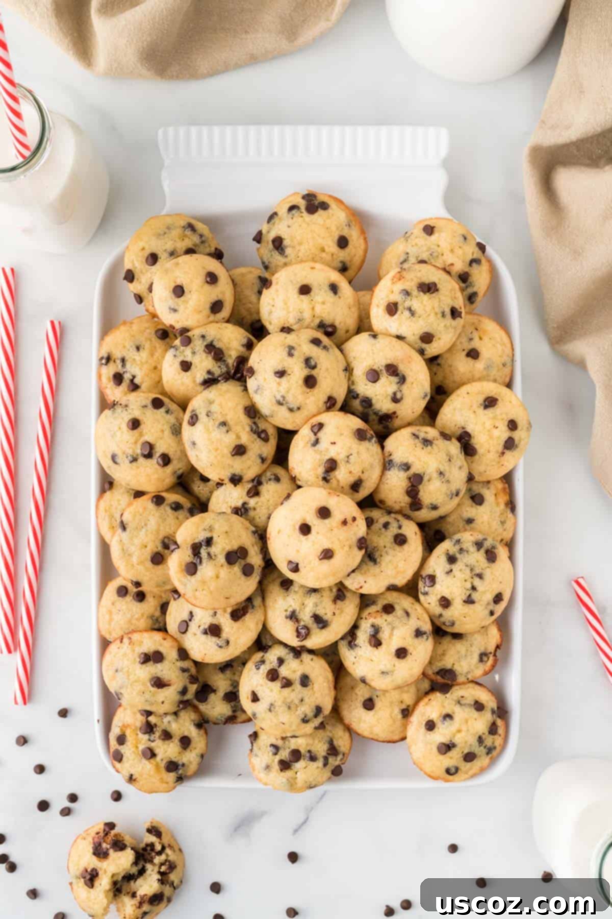Perfectly Poppable Chocolate Chip Muffins 15 mini chocolate chip muffins stacked on a platter
