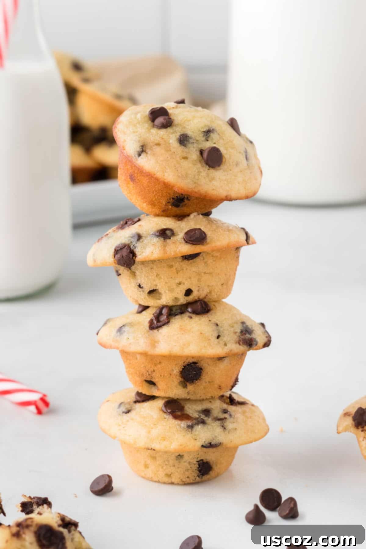 Perfectly Poppable Chocolate Chip Muffins 16 mini muffins stacked