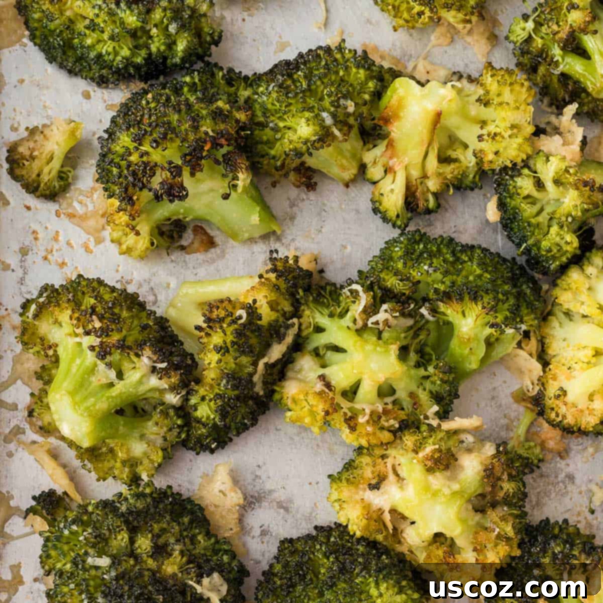 Parmesan Roasted Broccoli 13 Close-up of crispy roasted broccoli with melted parmesan cheese on a sheet pan, ready to eat