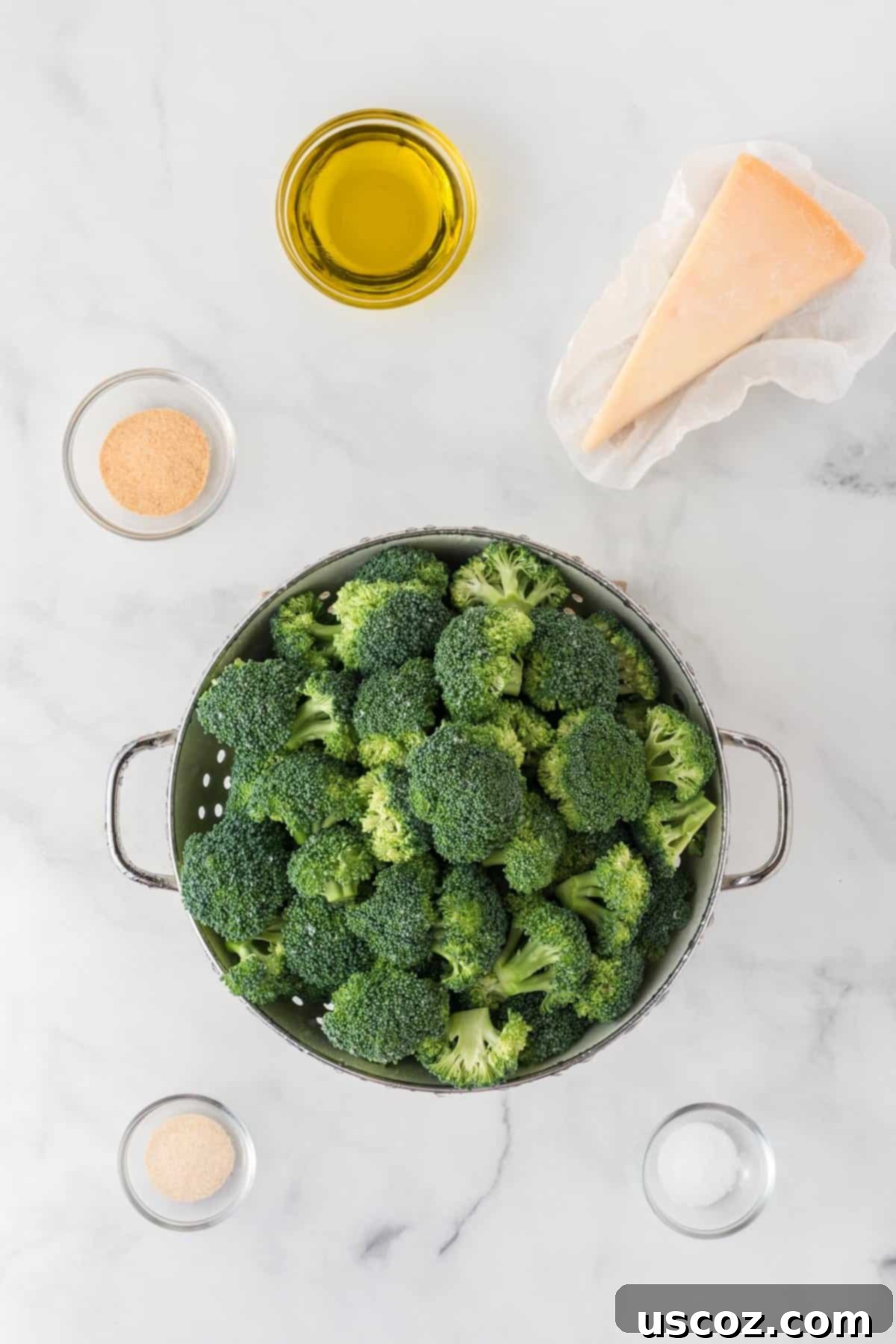 Parmesan Roasted Broccoli 3 Ingredients laid out: fresh broccoli, olive oil, salt, garlic powder, onion powder, and grated parmesan cheese