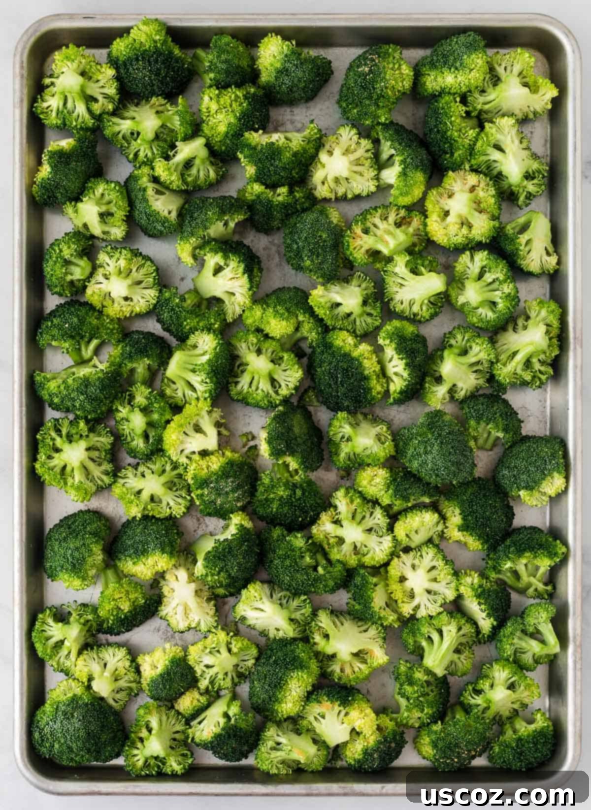 Parmesan Roasted Broccoli 8 Broccoli florets spread in a single layer on a baking pan, ready for roasting