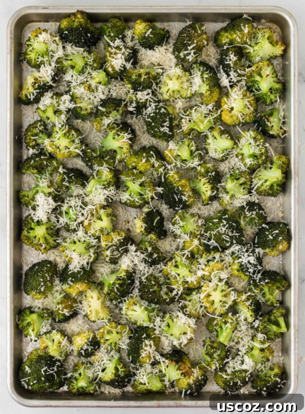 Parmesan Roasted Broccoli 10 Close-up of perfectly roasted broccoli with golden-brown, crispy parmesan cheese on a baking sheet