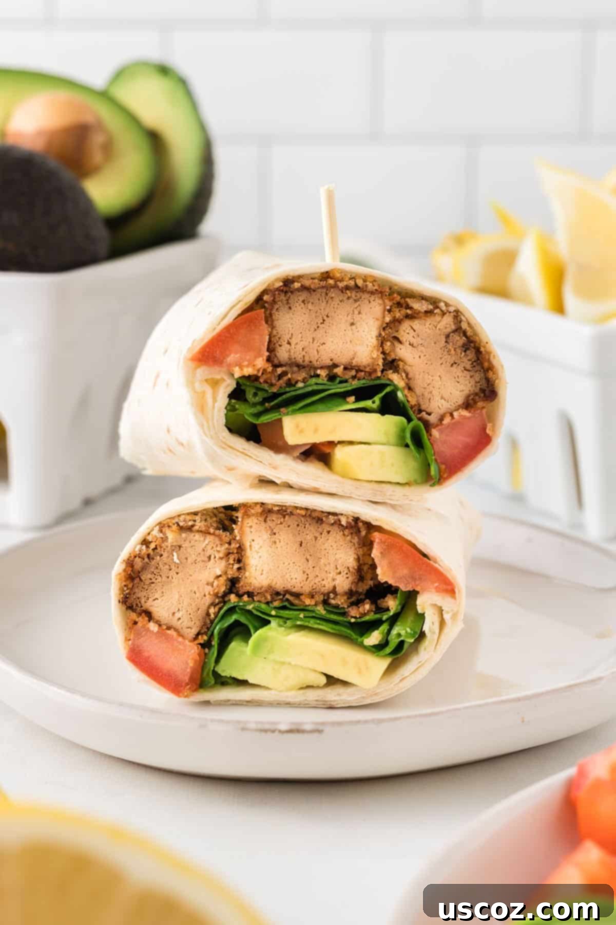 Savory Tofu Wraps 2 tofu wraps stacked on a plate