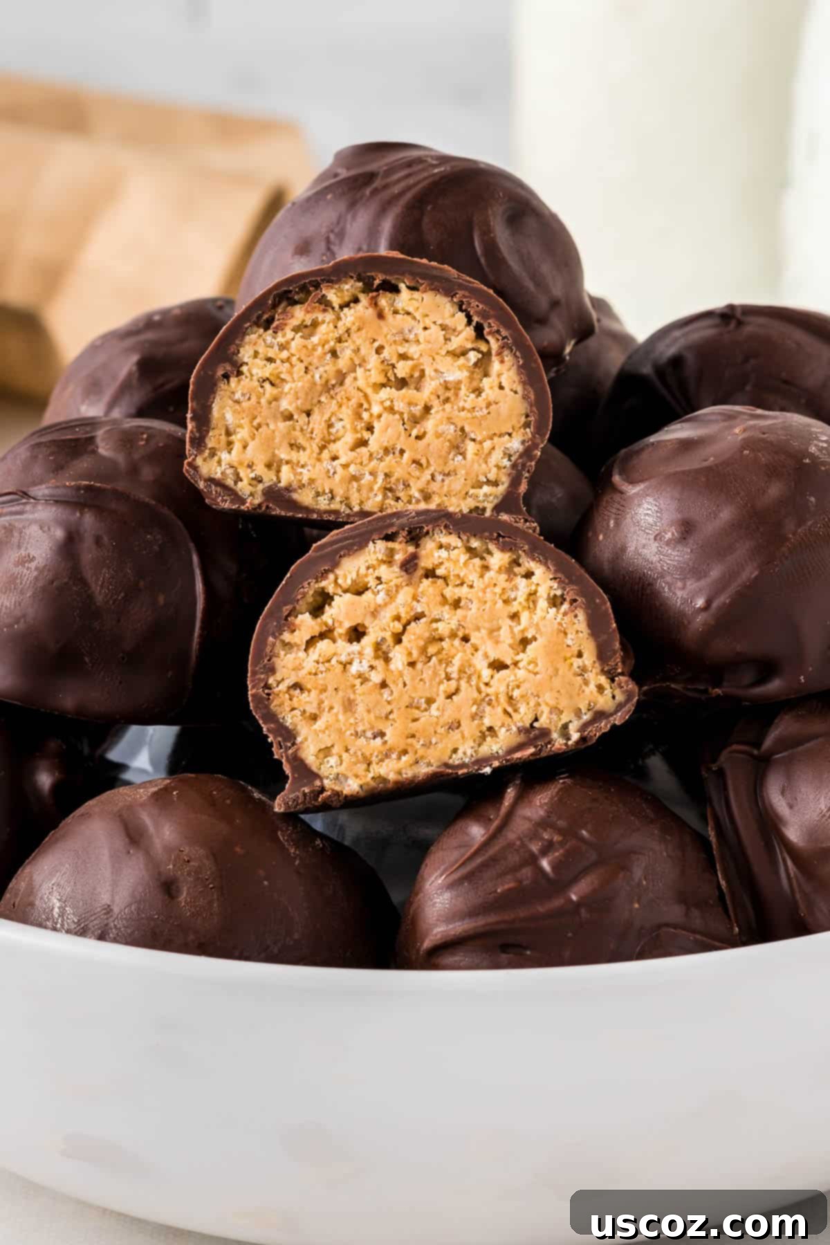 No-Bake Peanut Butter Krispie Treats 2 Chocolate-dipped peanut butter balls with Rice Krispies on a white plate, ready to be served.