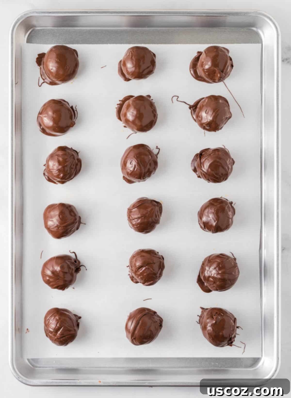 No-Bake Peanut Butter Krispie Treats 9 A tray of freshly chocolate-dipped peanut butter balls with Rice Krispies, some with sprinkles, cooling on a parchment-lined baking sheet.