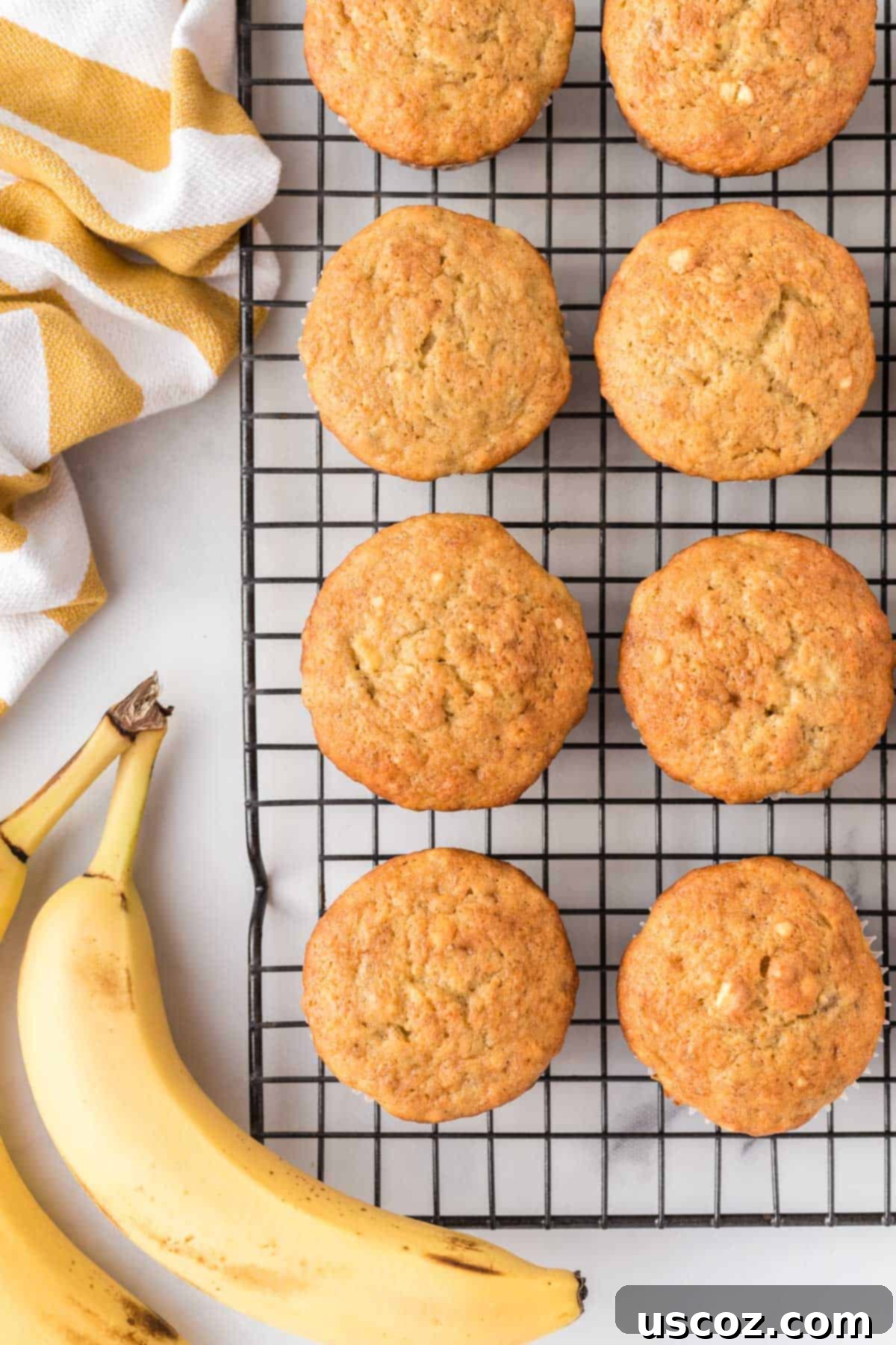 Easy Cake Mix Banana Muffins 11 Warm cake mix banana muffins cooling on a wire rack, steam gently rising, ready to be enjoyed.