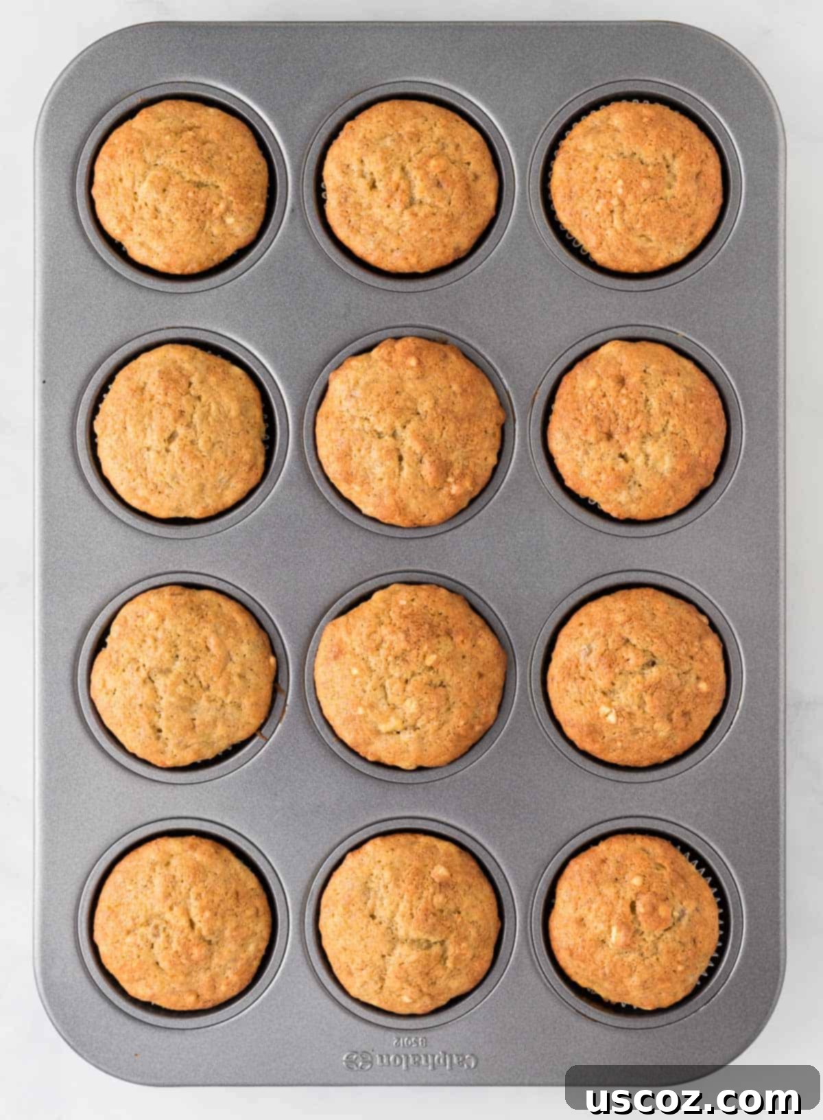 Easy Cake Mix Banana Muffins 10 Freshly baked golden-brown cake mix banana muffins still in the muffin tin, just out of the oven, emitting a delicious aroma.