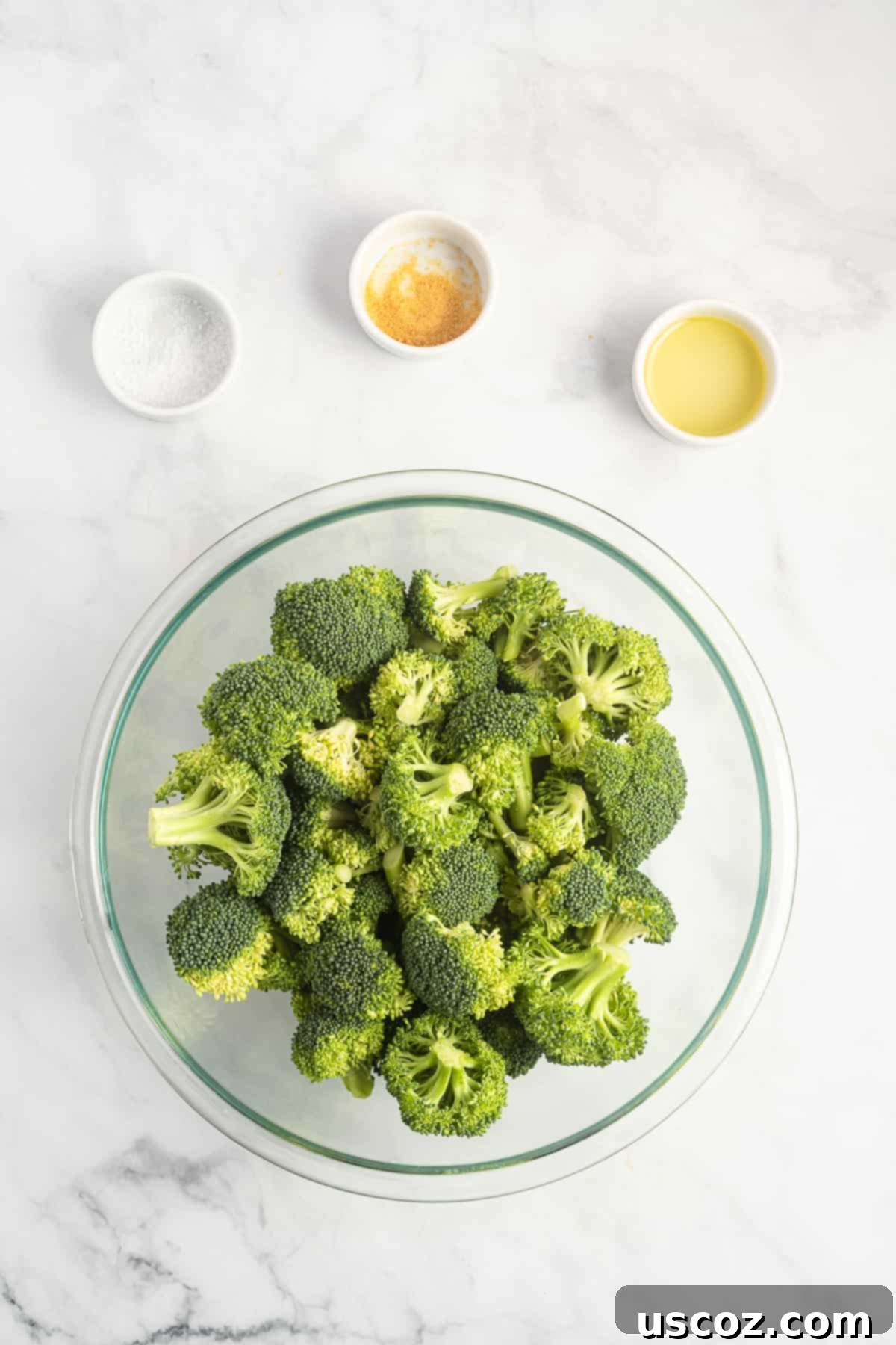 Perfectly Crispy Air Fryer Broccoli 3 A bowl of fresh broccoli florets, perfectly cut and ready for seasoning, surrounded by small dishes of garlic powder and salt.