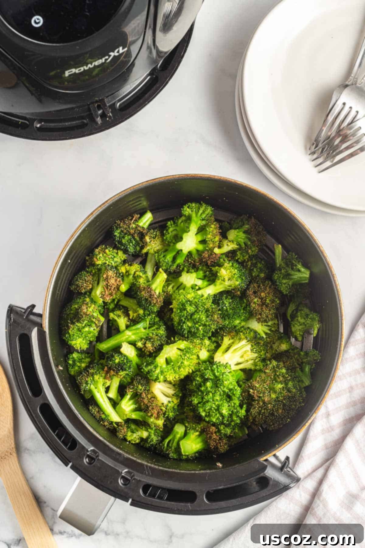Perfectly Crispy Air Fryer Broccoli 7 A close-up of air fried broccoli showing off its perfectly crisp texture and vibrant green color.
