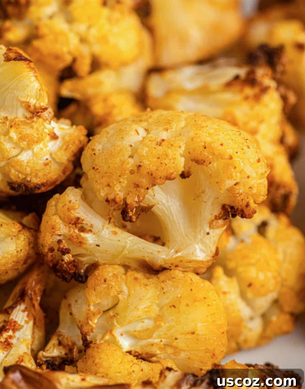 Crispy Air Fryer Cauliflower 9 Close-up texture of a perfectly cooked, golden-brown air fryer cauliflower floret, showing its crispy exterior and tender inside.
