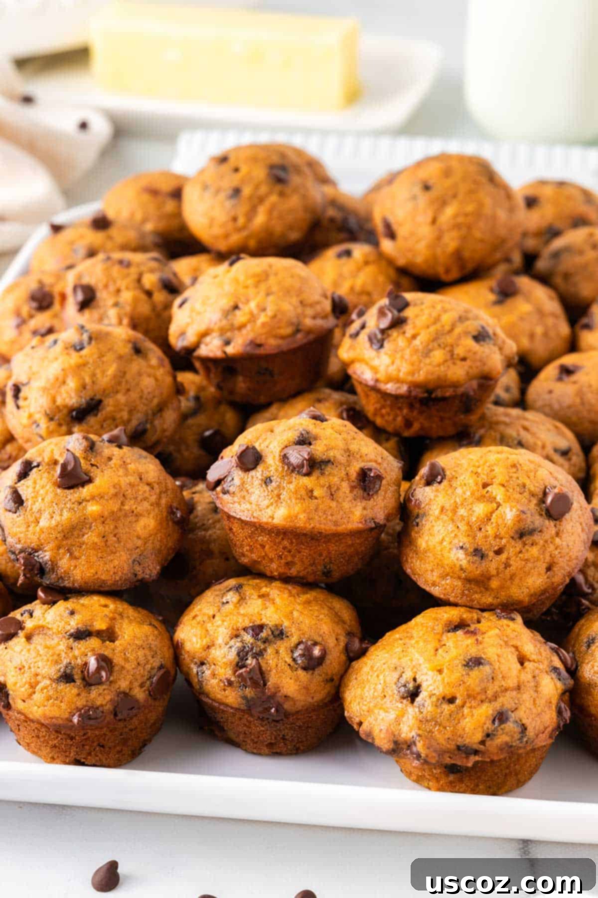 Bite-Sized Pumpkin Delights 4 Three mini pumpkin chocolate chip muffins neatly stacked, showing their golden tops and visible chocolate chips.