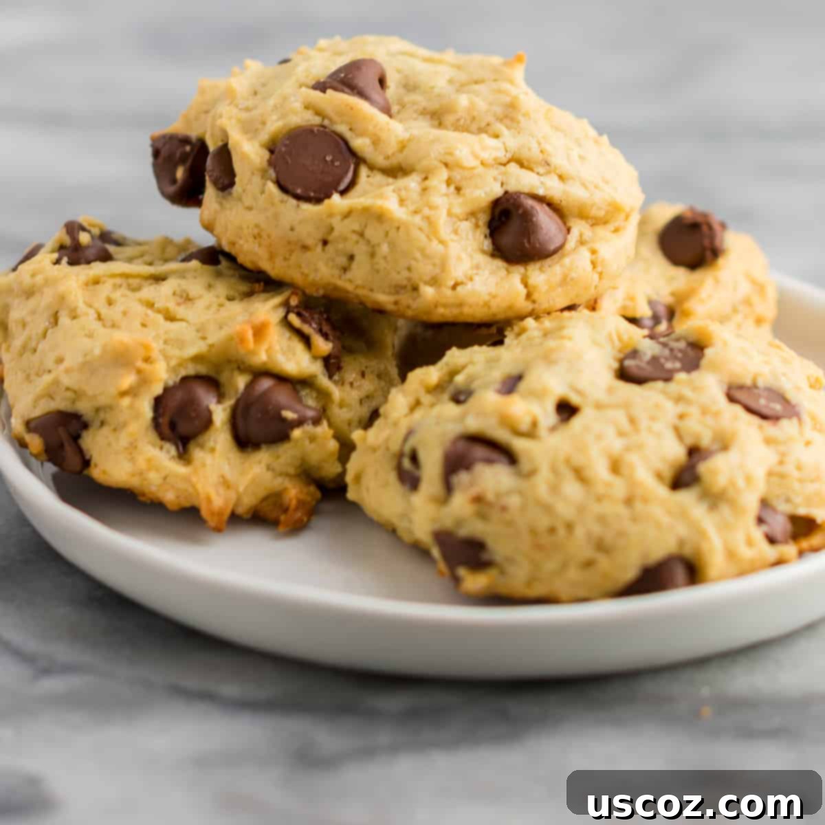 Apple-Kissed Chocolate Chip Cookies 2 A plate of golden brown, perfectly baked applesauce chocolate chip cookies, showcasing their chewy texture.