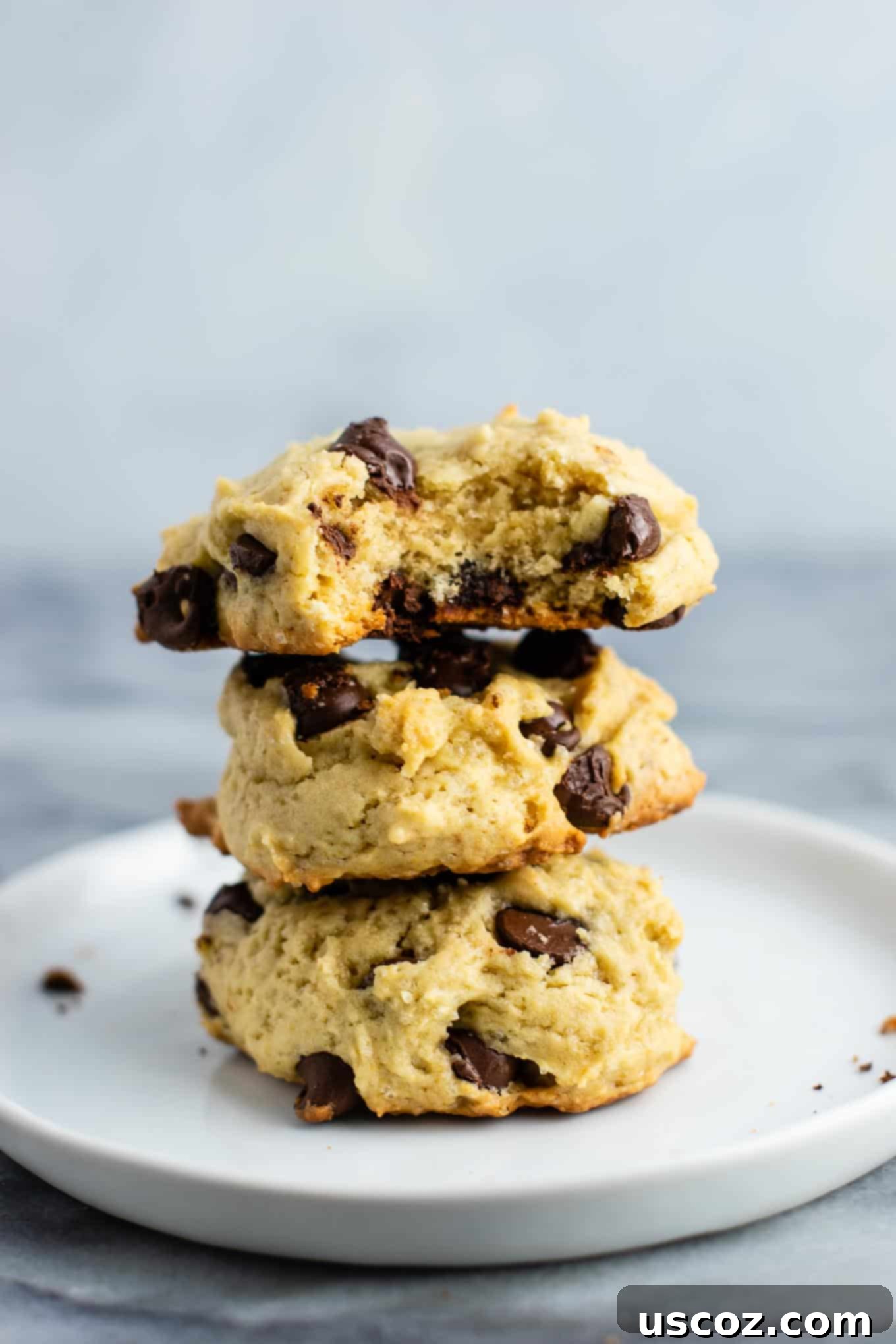 Apple-Kissed Chocolate Chip Cookies 5 A stack of applesauce chocolate chip cookies with one cookie having a bite taken out, showing its soft interior.