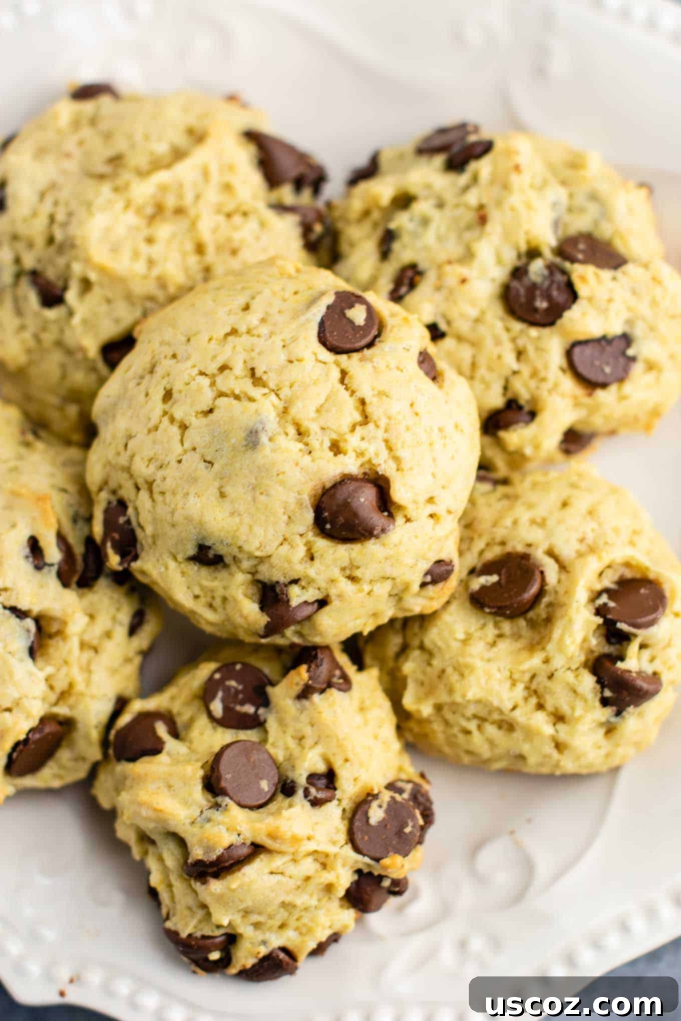Apple-Kissed Chocolate Chip Cookies 6 A close-up shot of a single perfectly baked chewy chocolate chip cookie, demonstrating its golden-brown edges and soft center.