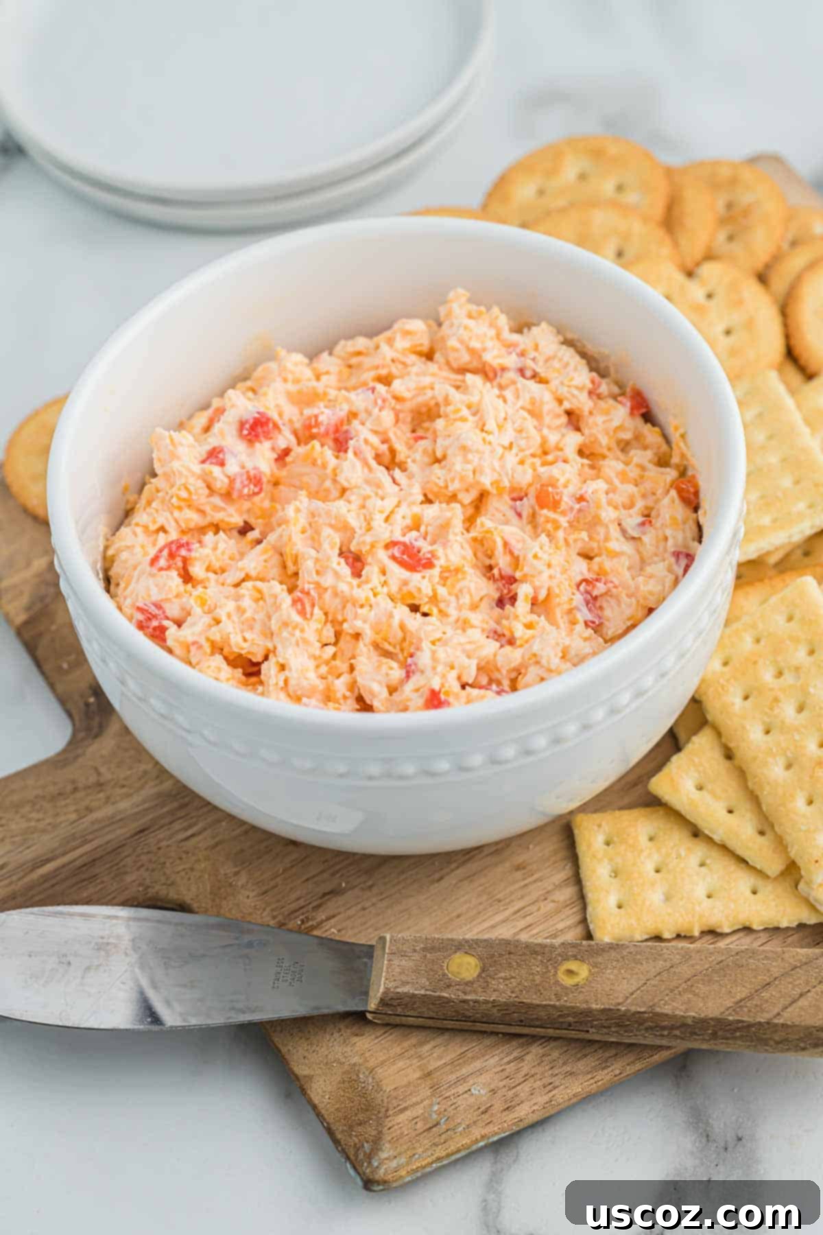 Pimento Cheese 10 Overhead shot of a bowl of creamy pimento cheese dip, accompanied by a selection of golden crackers and fresh green herbs for garnish, ready to be enjoyed.