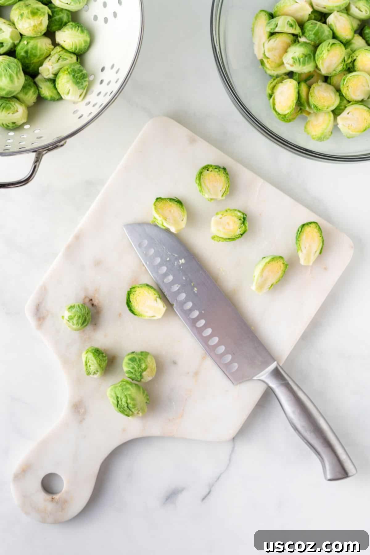 Crispy Air Fryer Brussels Sprouts 4 cutting brussels sprouts in half
