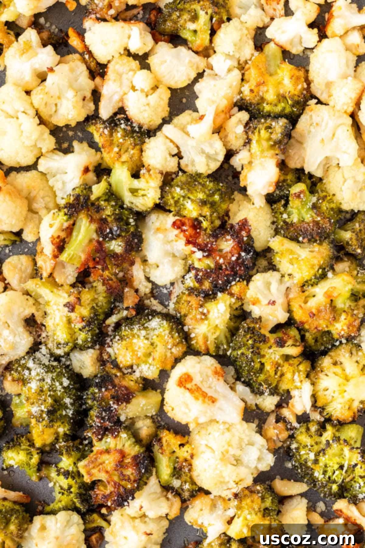 Golden Roasted Broccoli and Cauliflower 10 A beautifully presented baking sheet filled with a large serving of golden-brown, crispy roasted broccoli and cauliflower, ready for a healthy and delicious meal.