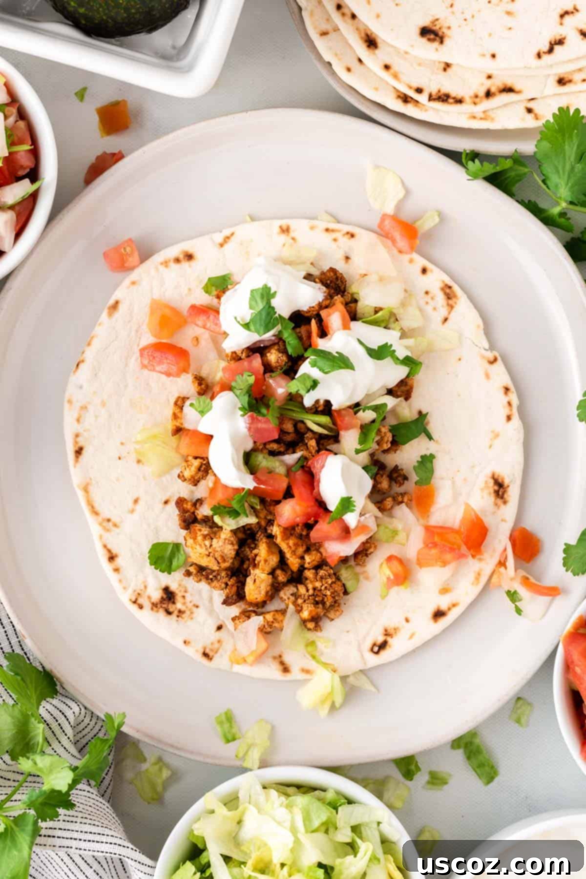 Zesty Tofu Tacos 11 tofu taco topped with sour cream, cilantro, and tomatoes