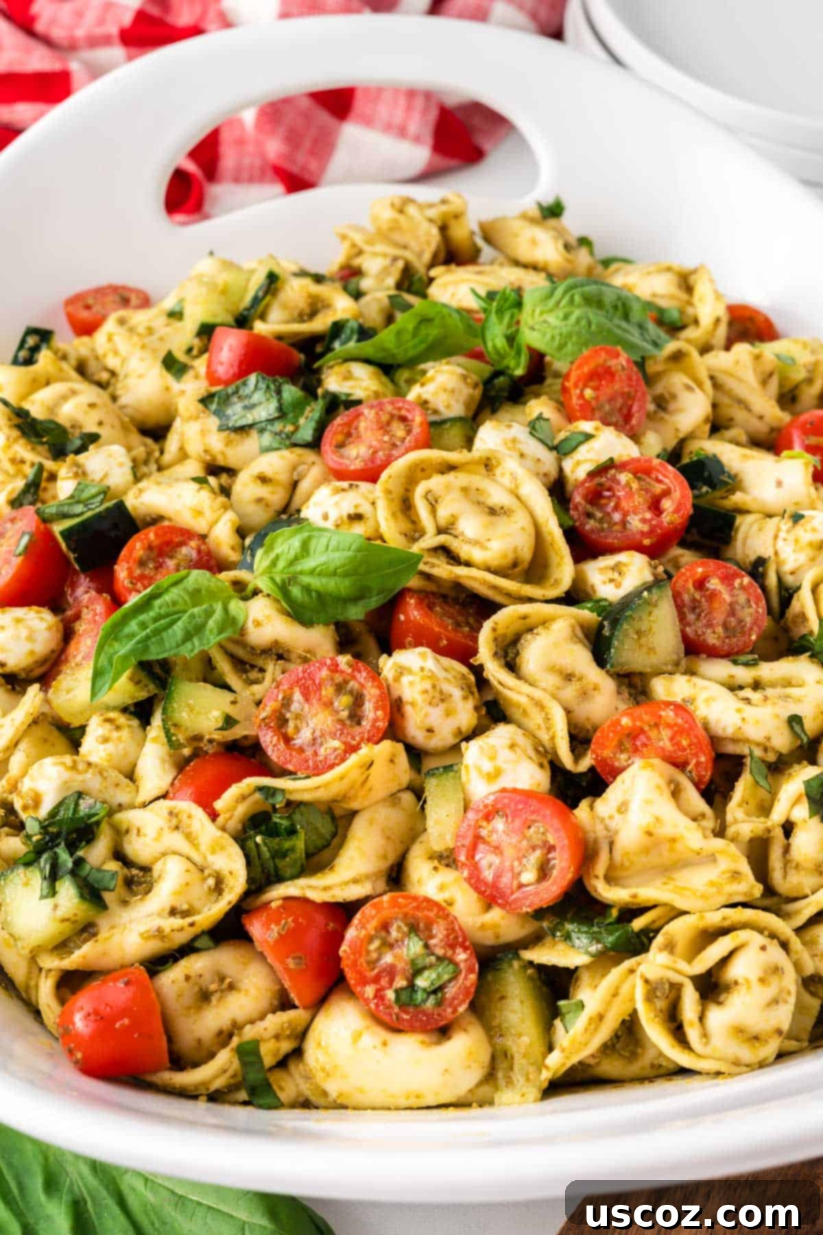 Zesty Tortellini Medley 2 tortellini pasta salad in a white serving dish, garnished with fresh basil