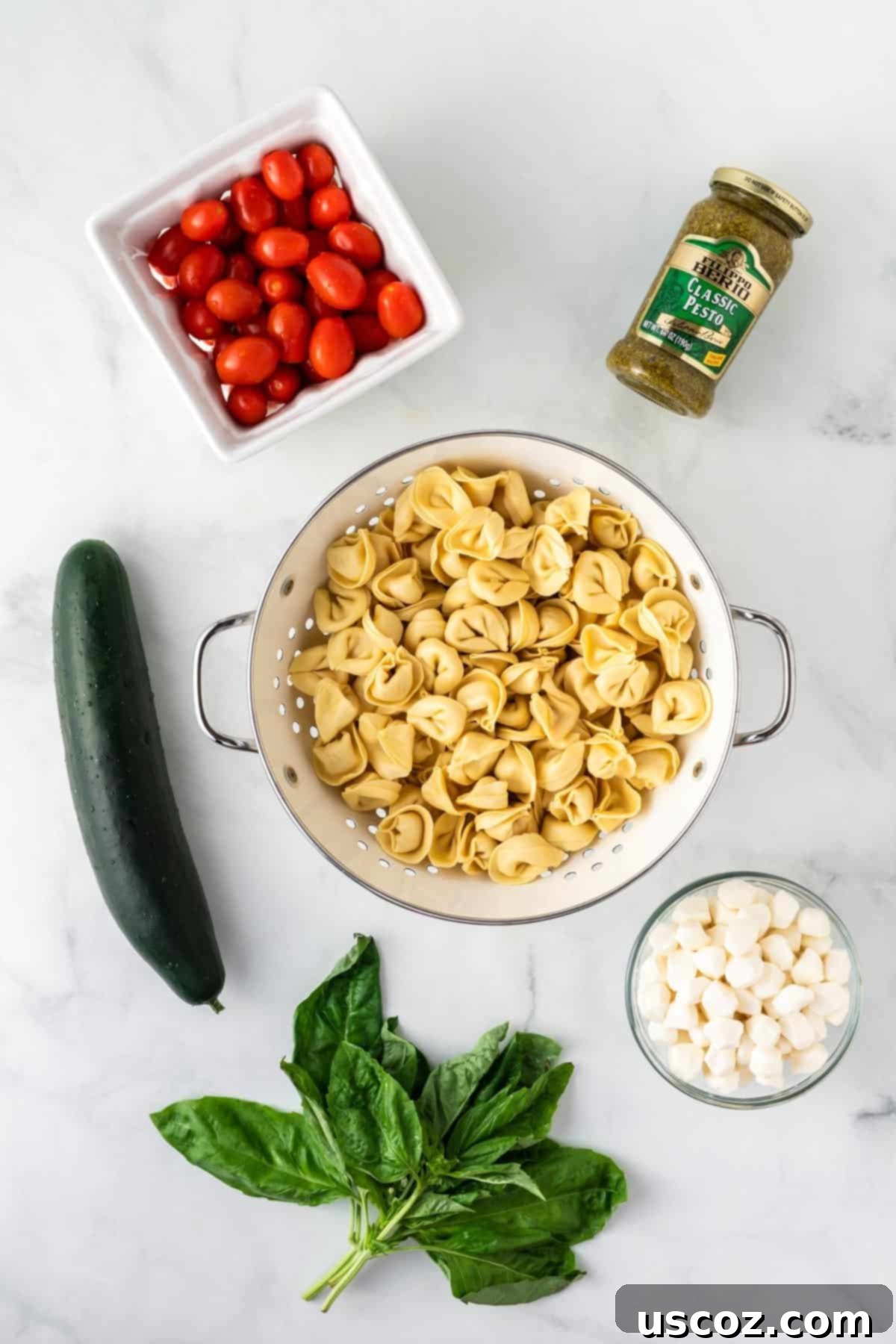 Zesty Tortellini Medley 4 ingredients needed to make tortellini pasta salad laid out on a kitchen counter