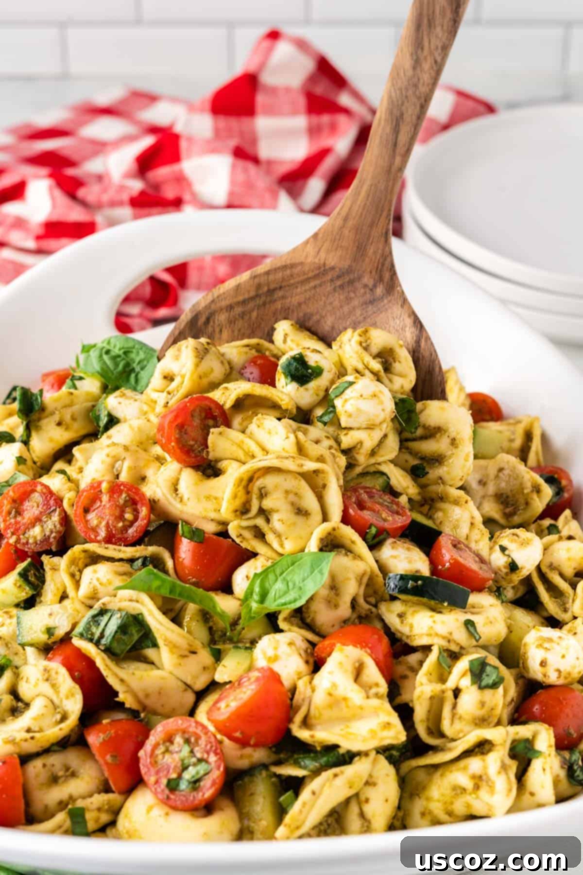 Zesty Tortellini Medley 9 close-up of tortellini pasta salad being scooped with a wooden spoon