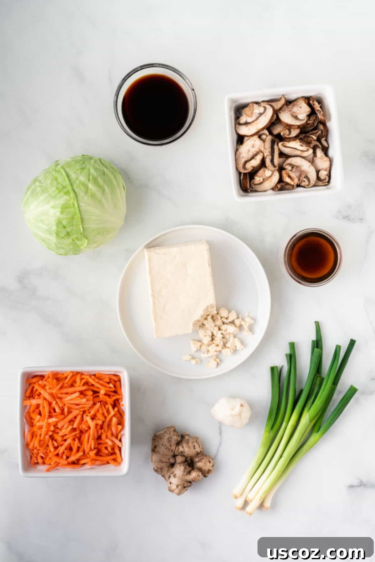 Easy Vegetarian Egg Roll Bowl 3 ingredients needed to make vegetarian egg roll in a bowl