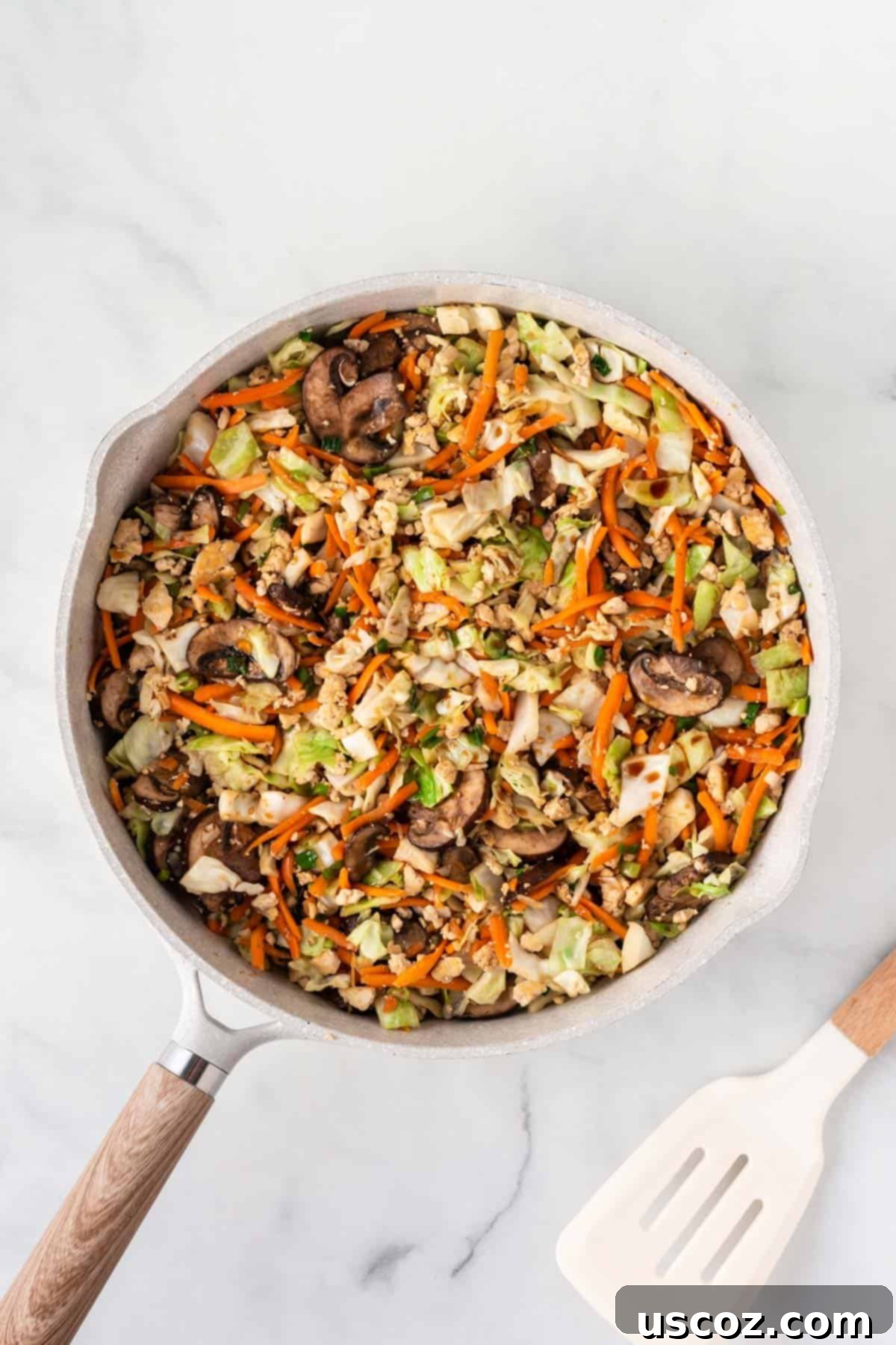 Easy Vegetarian Egg Roll Bowl 7 egg roll filling in a skillet