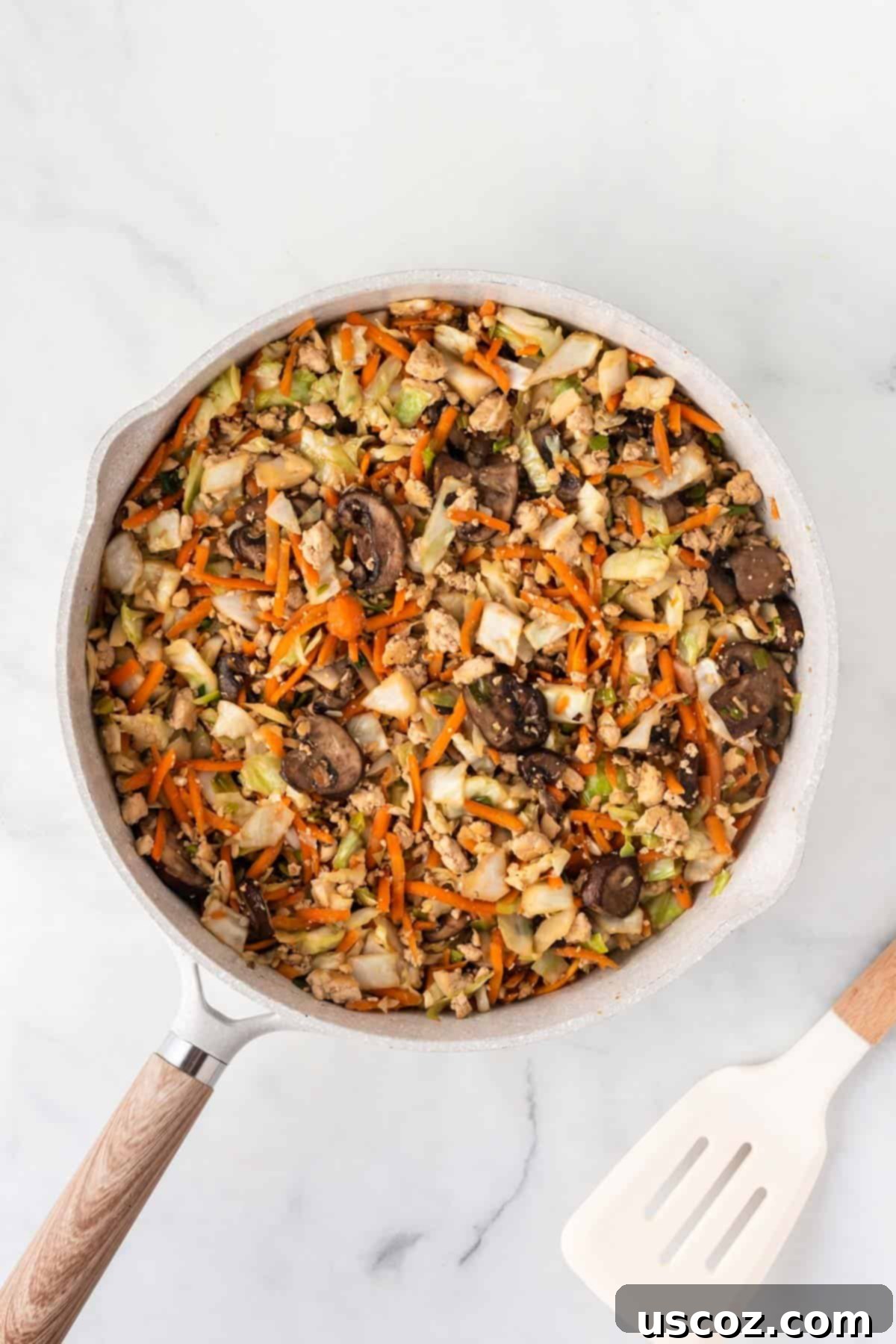 Easy Vegetarian Egg Roll Bowl 8 egg roll filling in a skillet