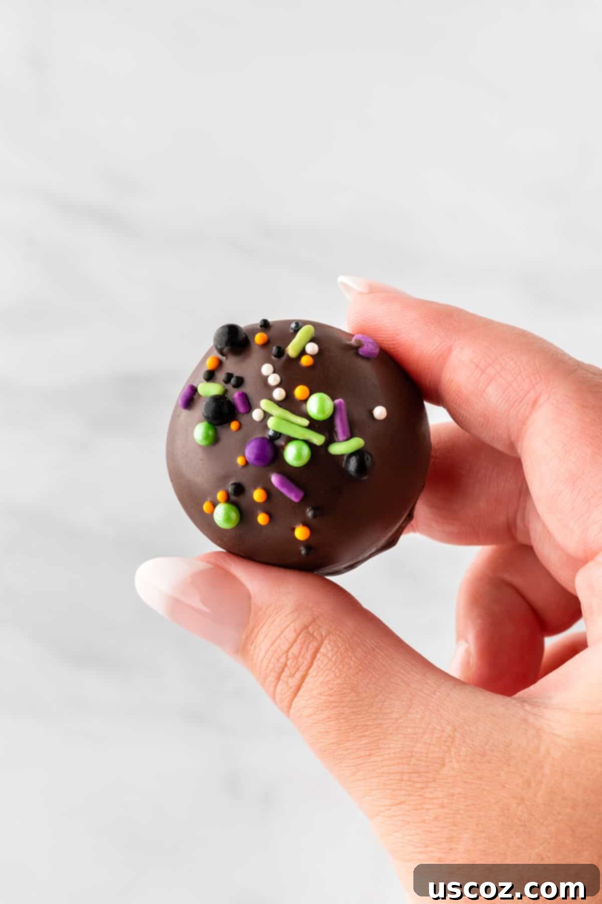 Spooky Oreo Truffles 3 A hand holding a perfectly decorated Halloween Oreo ball
