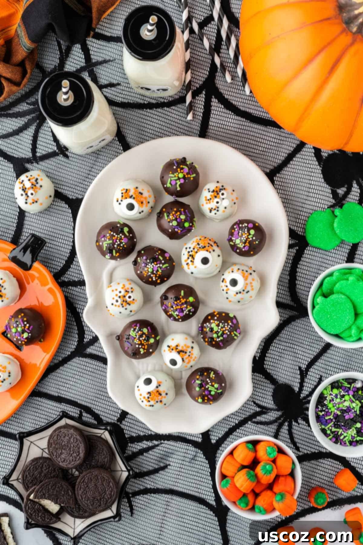 Spooky Oreo Truffles 21 Halloween decorated Oreo balls presented on a spooky skull-shaped platter