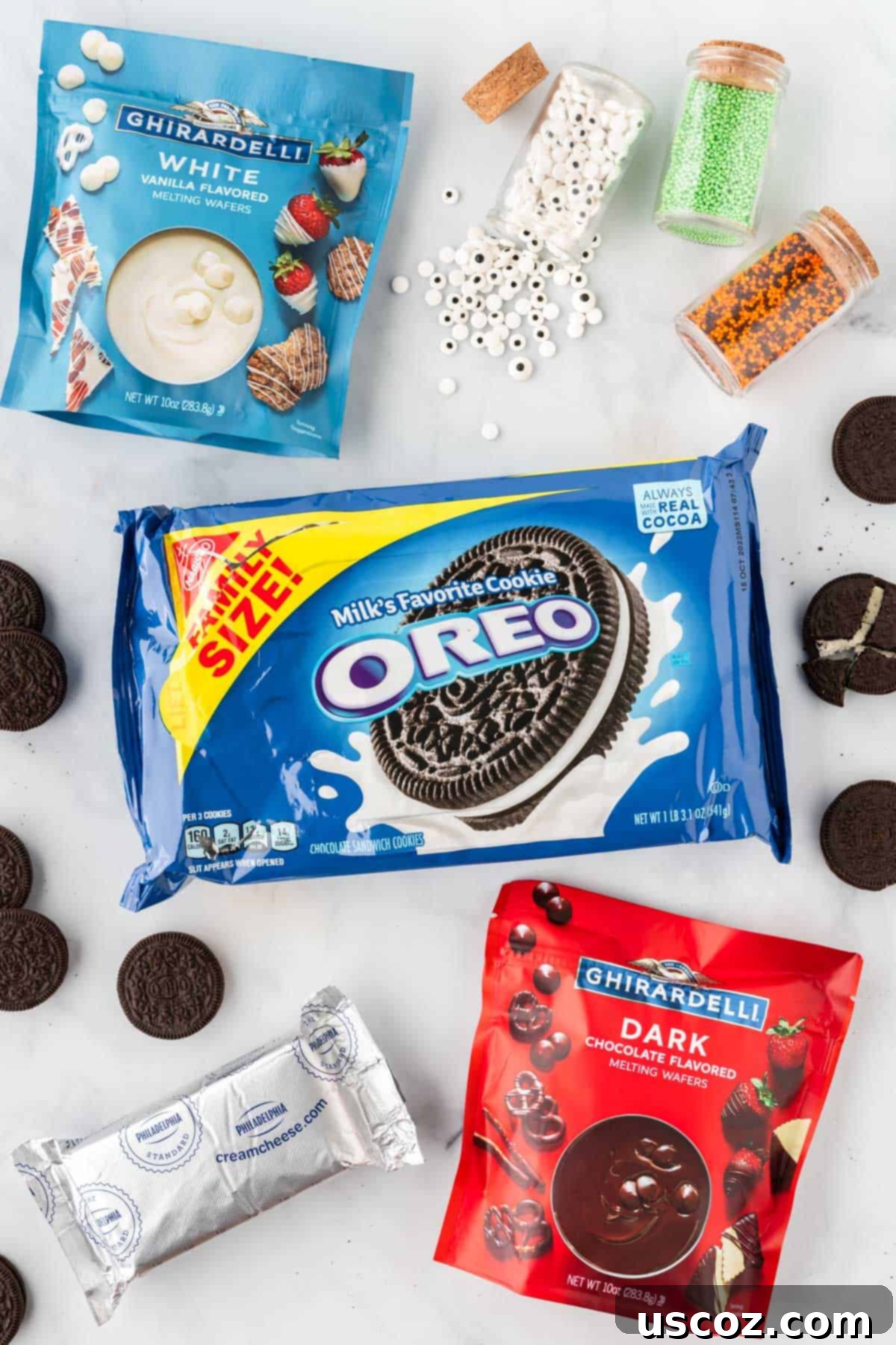 Spooky Oreo Truffles 4 Ingredients laid out for making Oreo balls, including Oreos, cream cheese, melting wafers, and sprinkles