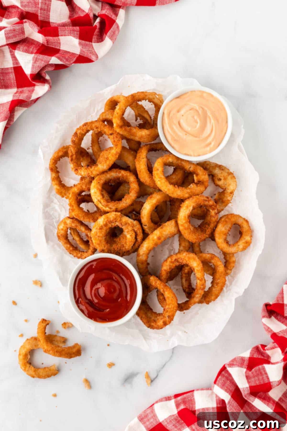Crispy Air Fryer Frozen Onion Rings 2 onion rings on a plate with ketchup and fry sauce