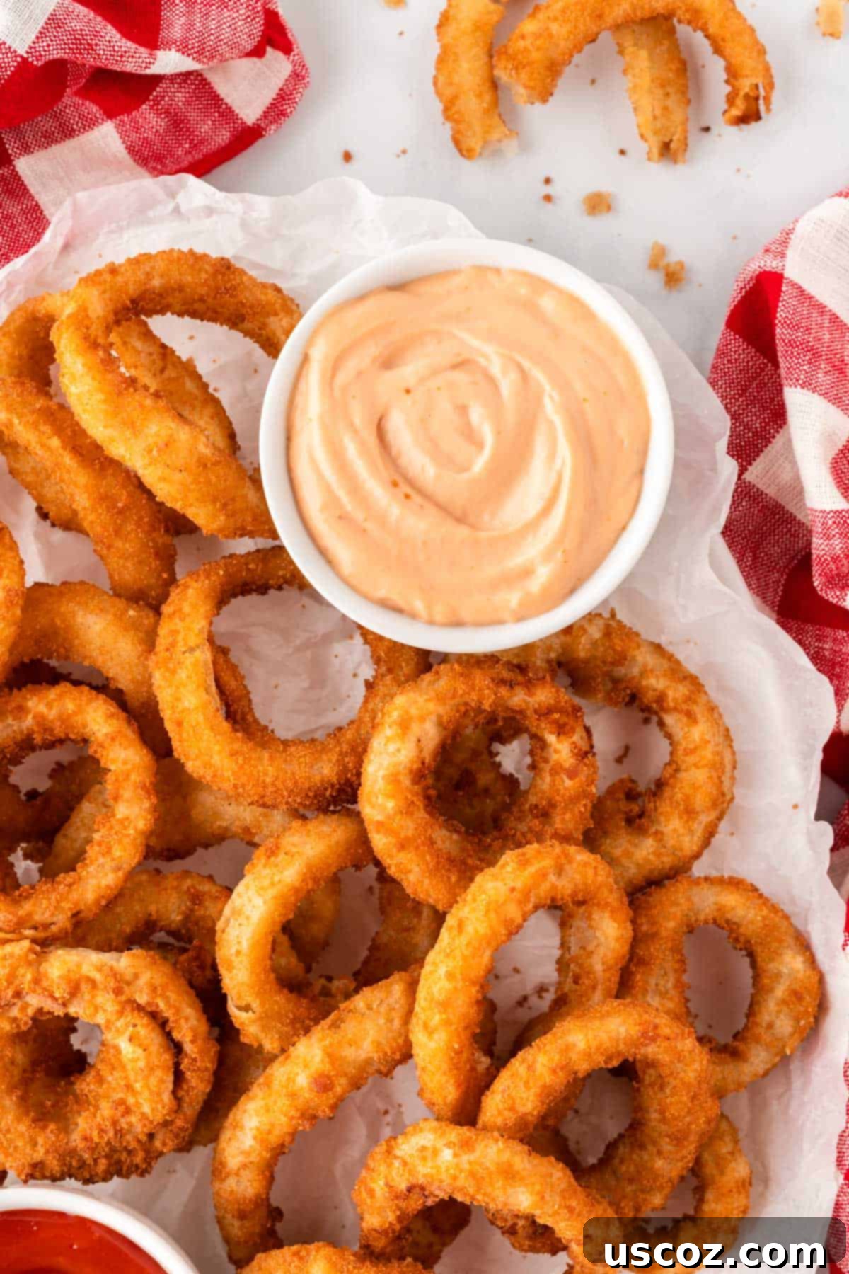 Crispy Air Fryer Frozen Onion Rings 7 onion rings with fry sauce