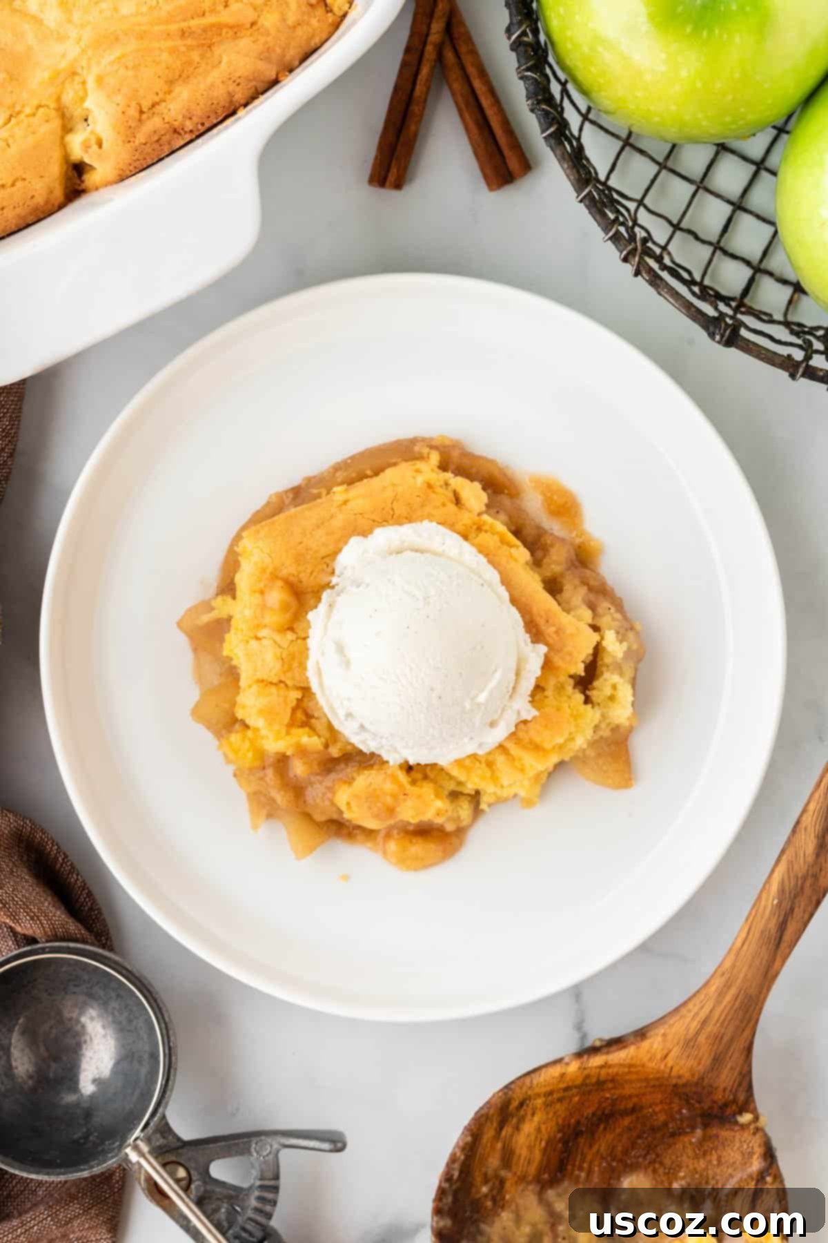 Effortless Apple Cobbler 12 A close-up of a serving of cake mix apple cobbler, topped with a scoop of vanilla ice cream and drizzled with caramel sauce, showcasing its warm, inviting texture.