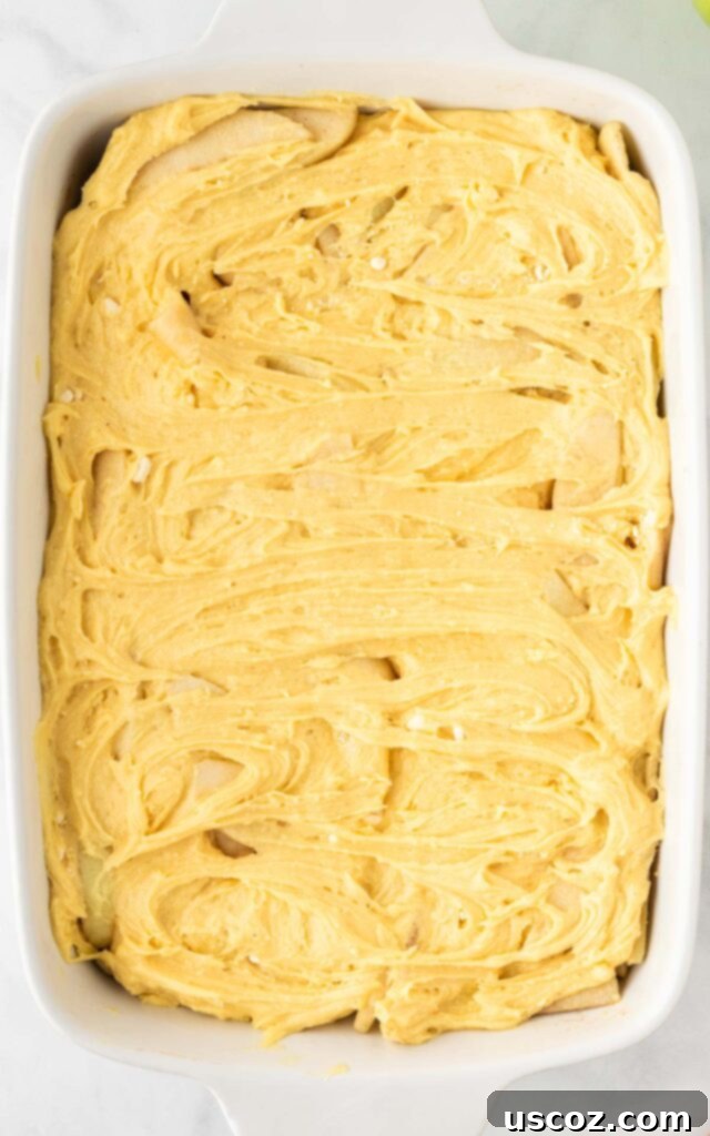 Effortless Apple Cobbler 10 The cake mix cobbler batter carefully poured and spread over the spiced apple layer in the baking dish, ready for baking.