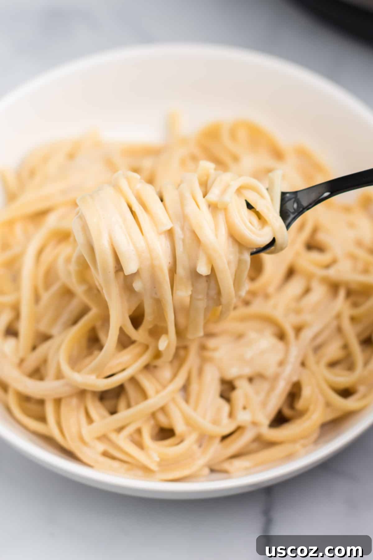 Quick and Creamy Instant Pot Pasta 2 Instant Pot creamy linguine twirled on a fork, showing its rich, smooth texture.
