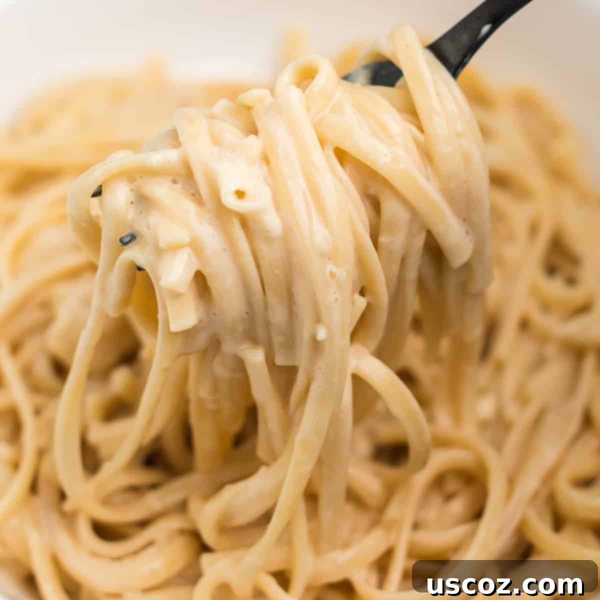 Quick and Creamy Instant Pot Pasta 9 Close-up of creamy Instant Pot pasta twirled on a fork, ready to eat.