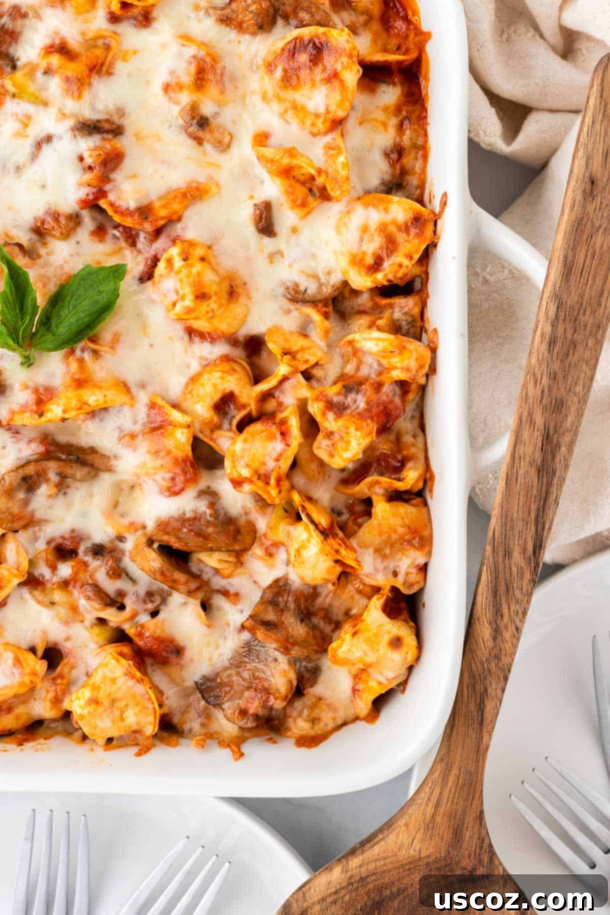 Cheesy Tortellini Bake 12 cheesy baked tortellini in a white baking dish