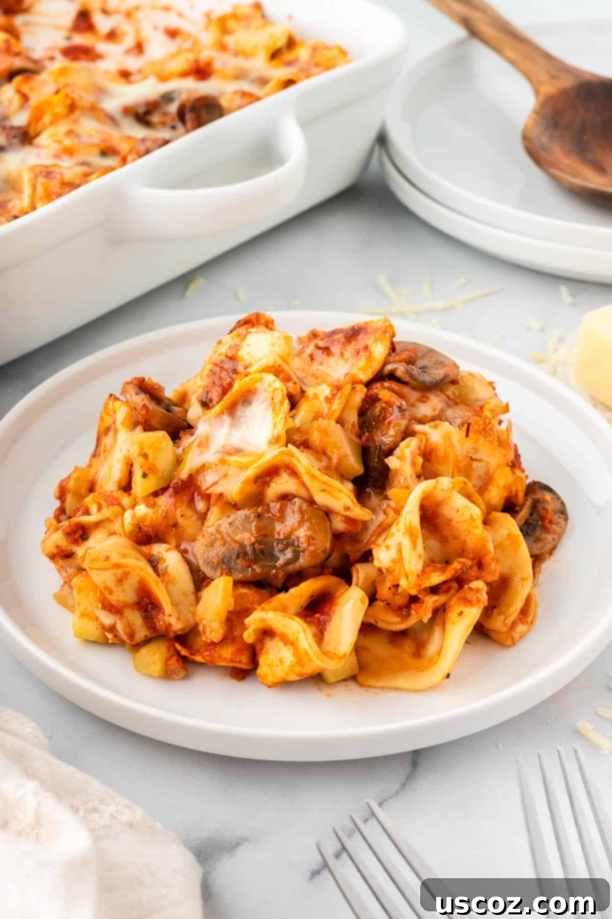 Cheesy Tortellini Bake 13 baked tortellini served on a white plate with a fork