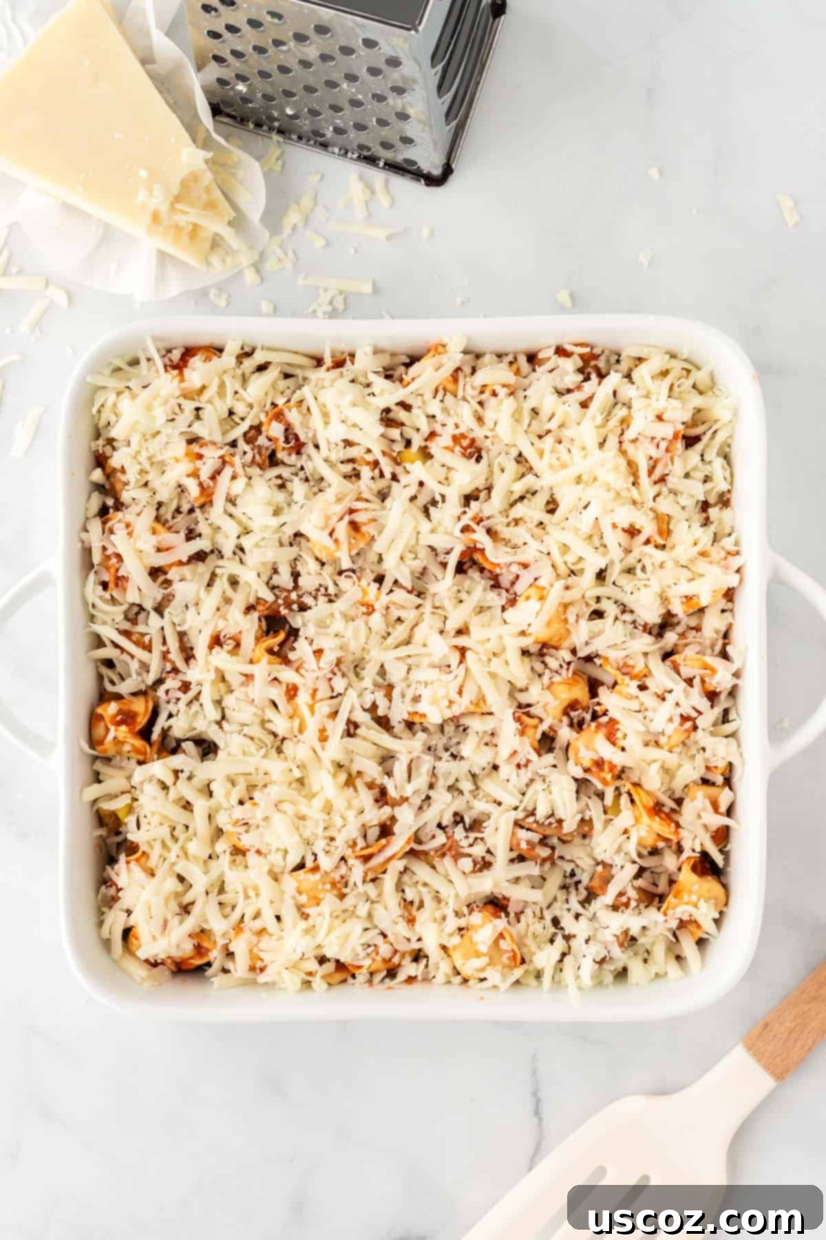 Cheesy Tortellini Bake 9 tortellini with sauce, topped generously with shredded mozzarella cheese