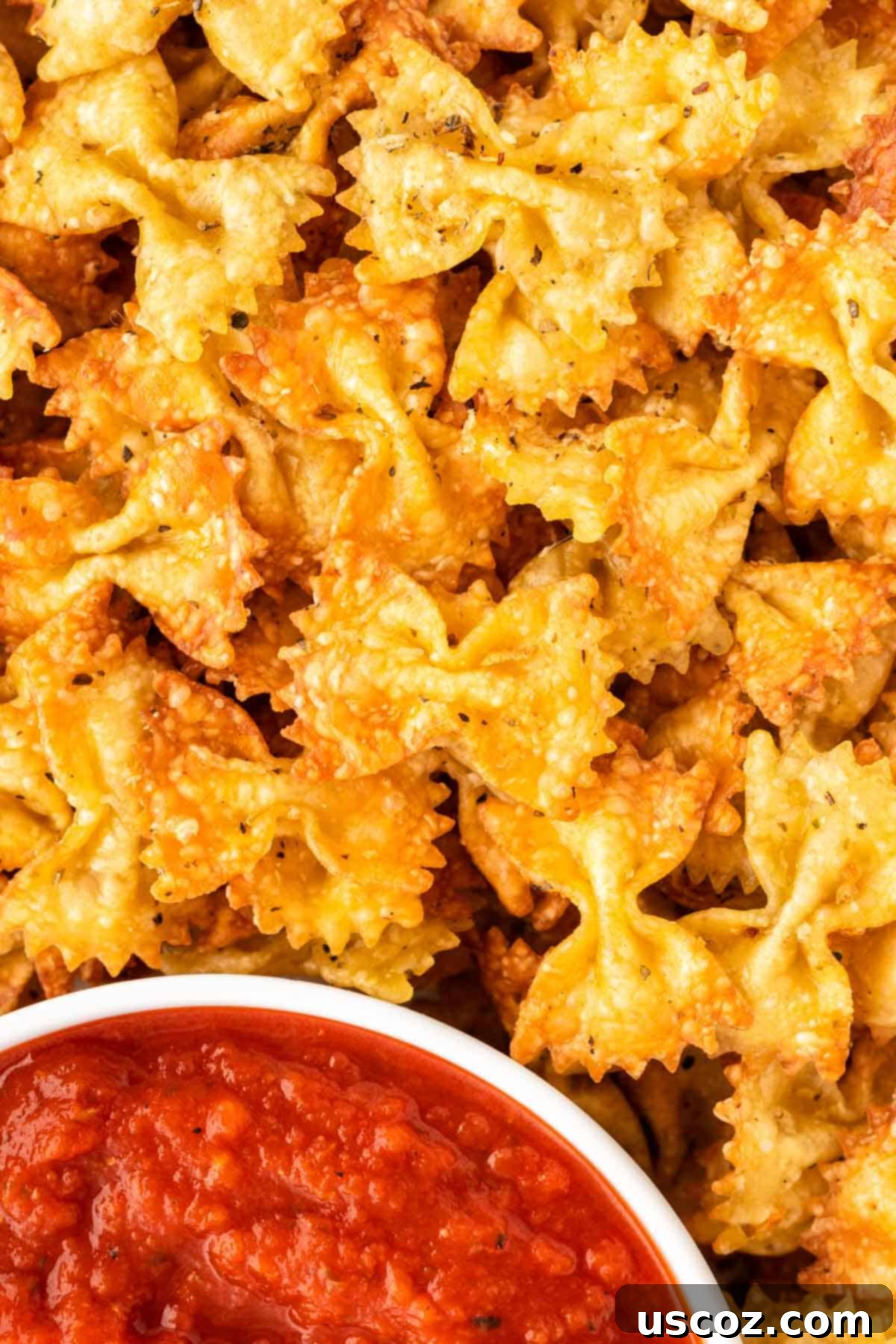 Crispy Air Fryer Pasta Chips 3 Air fried pasta chips with a side of marinara for dipping, showcasing the perfectly golden and crispy texture.