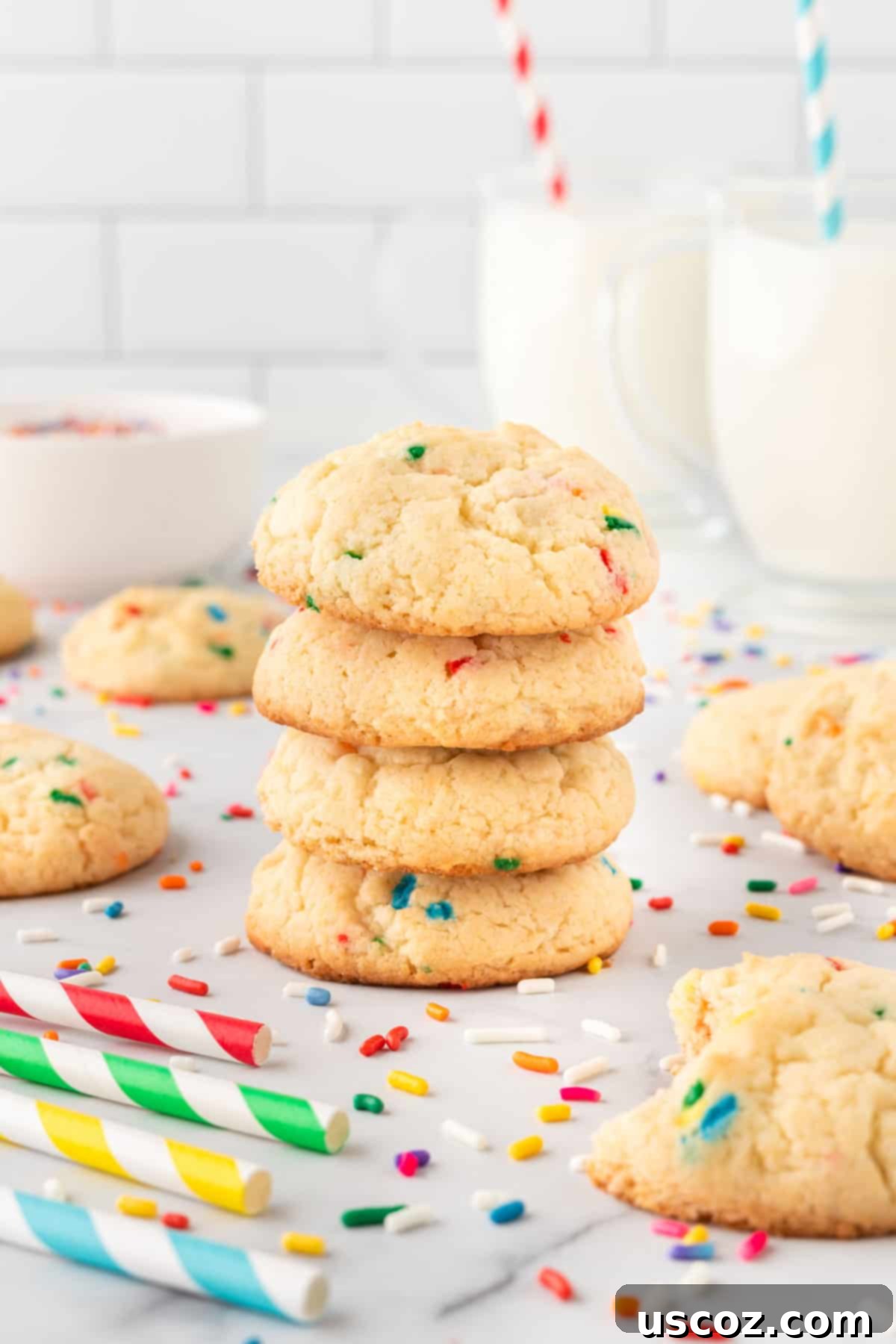 Effortless Rainbow Cake Cookies 10 A stack of golden funfetti cake mix cookies, showcasing their soft texture and abundant colorful sprinkles.