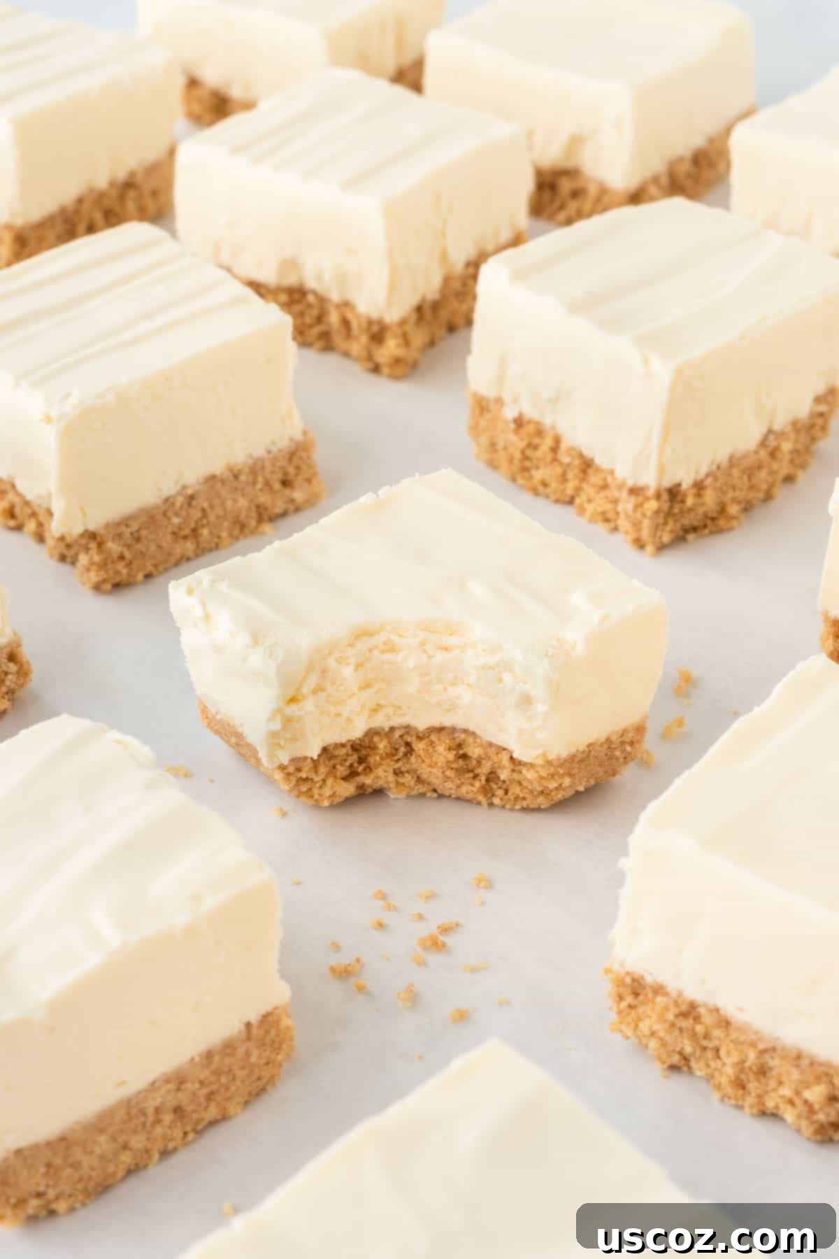 Creamy No-Bake Cheesecake Bliss 2 cheesecake bar with a bite taken out, showing creamy filling and graham cracker crust