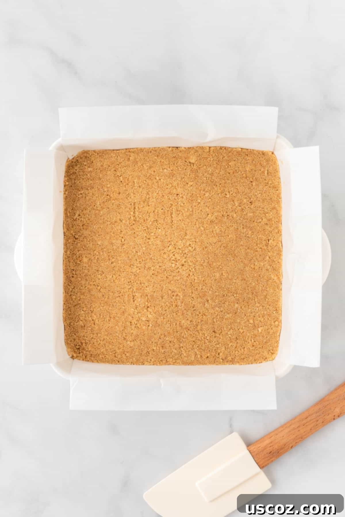 Creamy No-Bake Cheesecake Bliss 13 baking dish lined with parchment paper and pressed graham cracker crust