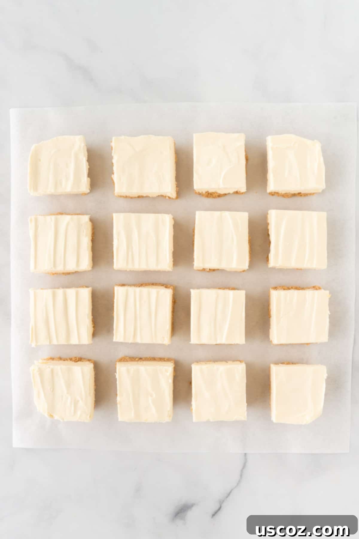 Creamy No-Bake Cheesecake Bliss 15 perfectly cut no bake cheesecake bars, ready to be served