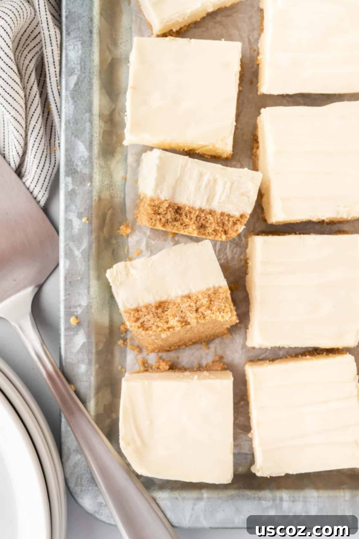 Creamy No-Bake Cheesecake Bliss 16 no bake cheesecake bars on a serving tray, perfect for a party