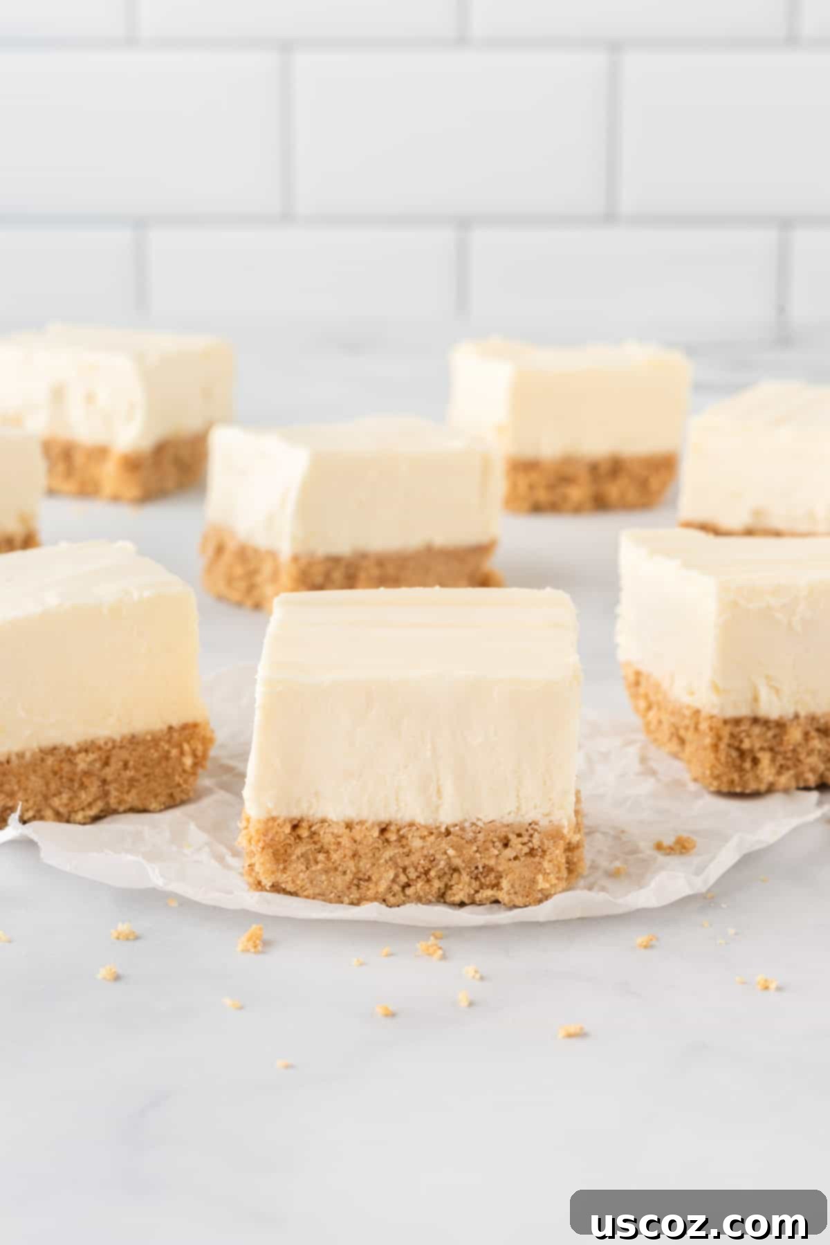 Creamy No-Bake Cheesecake Bliss 17 simple and elegant no bake cheesecake bars on a white plate